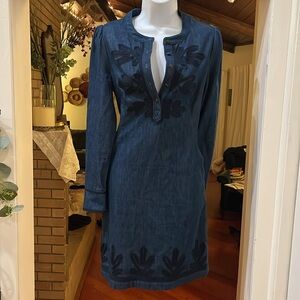 Boden Blue Long Sleeve Dress pockets.Preppy weathern appliqué 100 percent cotton